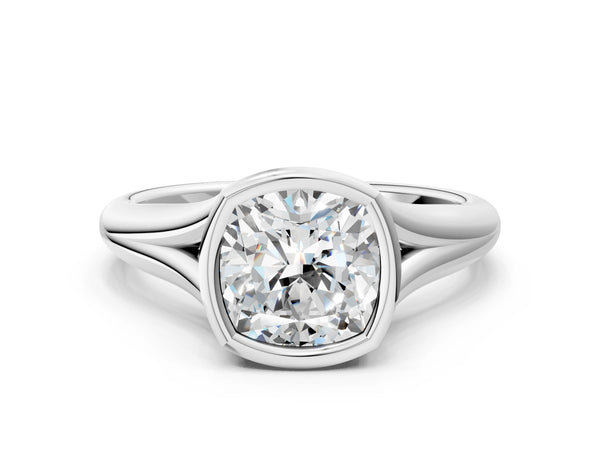Sterling Silver Cushion Cut Bezel Solitaire Engagement Ring Setting with Split Shoulders