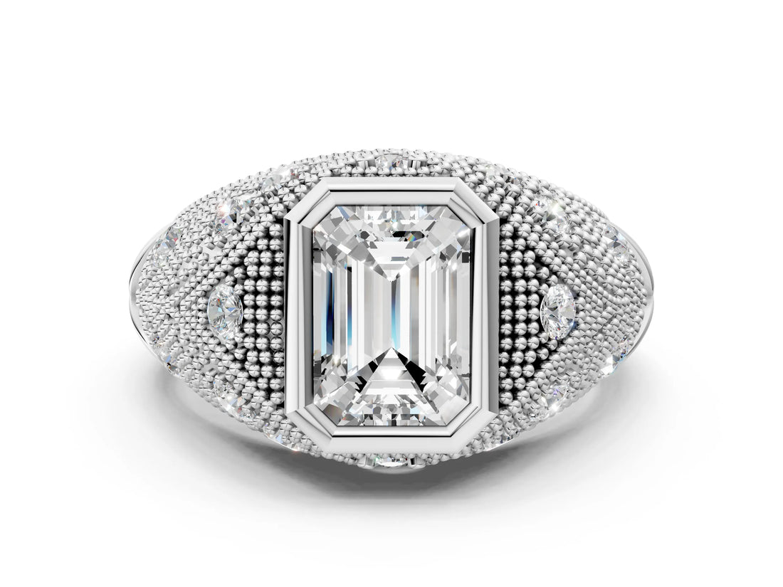 Silver Bezel Set Emerald Cut Diamond Milgrain Band Ring_13