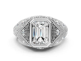 Silver Bezel Set Emerald Cut Diamond Milgrain Band Ring_13