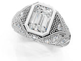 Silver Bezel Set Emerald Cut Diamond Milgrain Band Ring_14