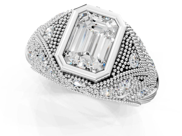 Sterling Silver Emerald Cut Vintage Bezel Engagement Ring Setting with Beaded Milgrain Shoulders