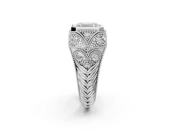 Sterling Silver Emerald Cut Vintage Bezel Engagement Ring Setting with Beaded Milgrain Shoulders