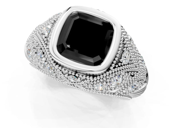 Sterling Silver Asscher Cut Vintage Bezel Engagement Ring Setting for Black Center with Milgrain