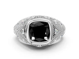 Silver Bezel Set Fancy Black Cushion Cut Diamond Milgrain Band Ring_12