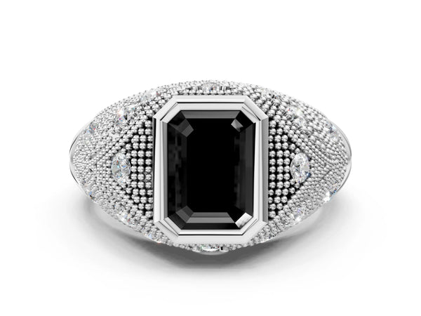 Sterling Silver Emerald Cut Vintage Bezel Engagement Ring Setting for Black Center with Milgrain