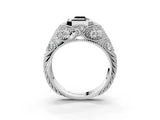 Silver Bezel Set Fancy Black Emerald Cut Diamond Milgrain Band Ring_15