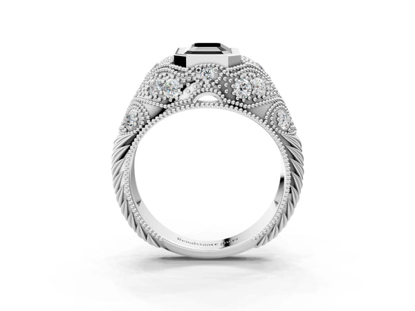 Sterling Silver Emerald Cut Vintage Bezel Engagement Ring Setting for Black Center with Milgrain
