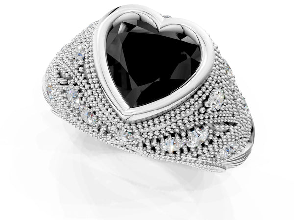 Sterling Silver Heart-Shaped Vintage Bezel Engagement Ring Setting for Black Center with Milgrain