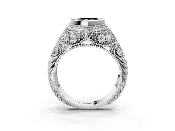 Sterling Silver Heart-Shaped Vintage Bezel Engagement Ring Setting for Black Center with Milgrain