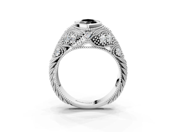 Sterling Silver Marquise Vintage Bezel Engagement Ring Setting for Black Center with Milgrain