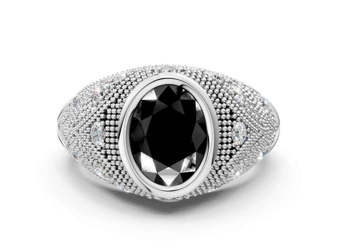 Silver Bezel Set Fancy Black Oval Cut Diamond Milgrain Band Ring_6