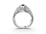 Silver Bezel Set Fancy Black Oval Cut Diamond Milgrain Band Ring_9