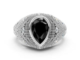 Silver Bezel Set Fancy Black Pear Cut Diamond Milgrain Band Ring_12