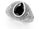 Silver Bezel Set Fancy Black Pear Cut Diamond Milgrain Band Ring_13
