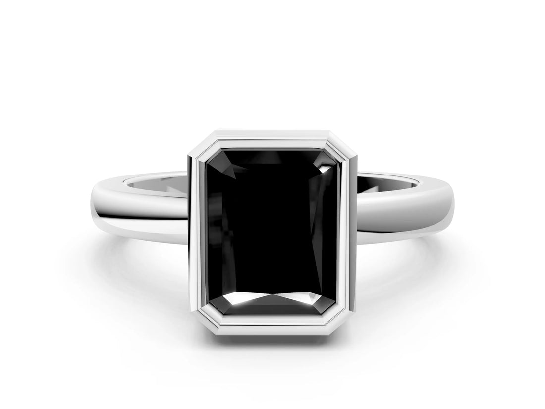 Silver Bezel Set Fancy Black Radiant Cut Solitaire Engagement Ring with Classic Band_6