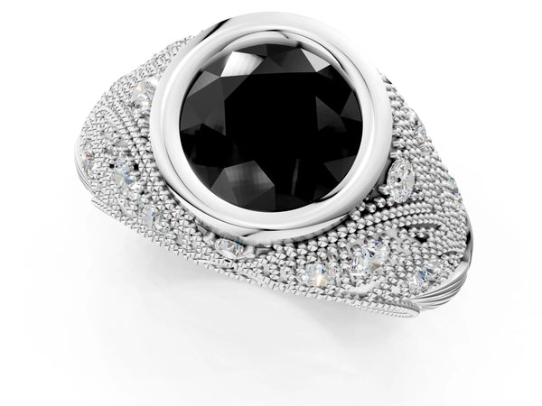 Sterling Silver Round Vintage Bezel Engagement Ring Setting for Black Center with Milgrain