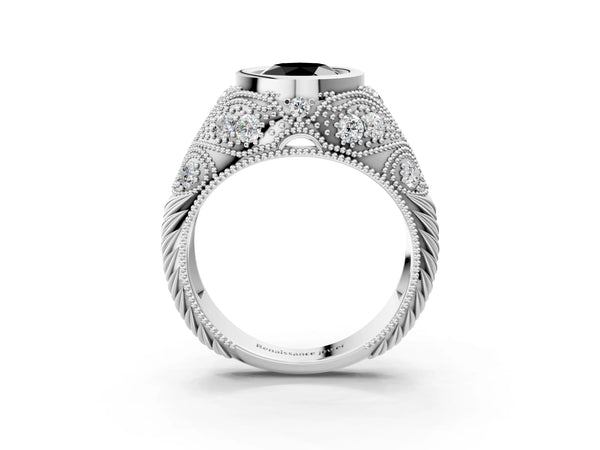 Sterling Silver Round Vintage Bezel Engagement Ring Setting for Black Center with Milgrain