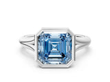Silver Bezel Set Fancy Blue Asscher  Solitaire Diamond Ring with Smooth Band 1