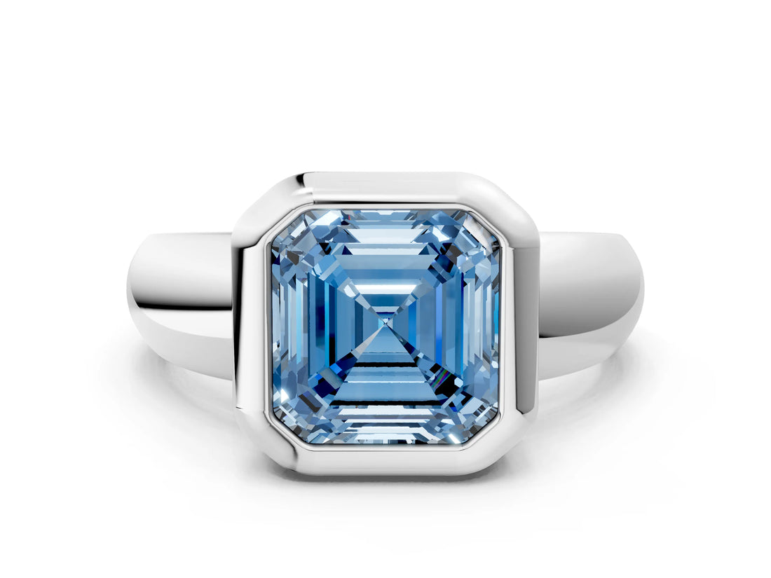 Silver Bezel Set Fancy Blue Asscher  Solitaire Ring with Wide Band