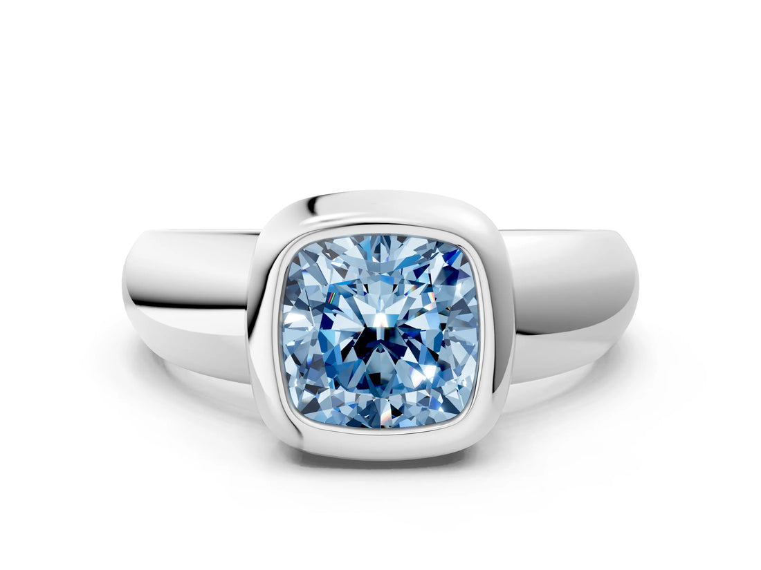 Silver Bezel Set Fancy Blue Cushion  Solitaire Ring with Wide Band 1