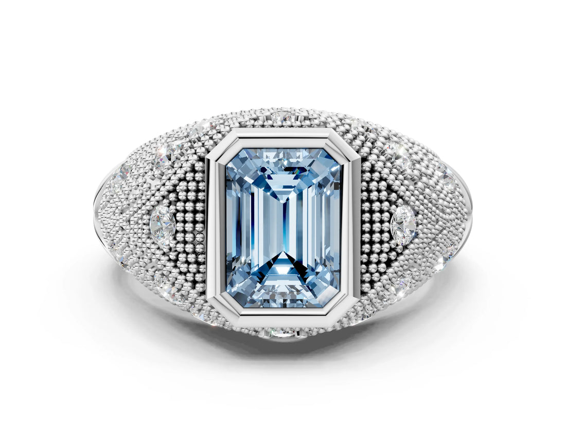 Silver Bezel Set Fancy Blue Emerald Cut Diamond Milgrain Band Ring_6