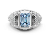 Silver Bezel Set Fancy Blue Emerald Cut Diamond Milgrain Band Ring_6