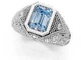 Silver Bezel Set Fancy Blue Emerald Cut Diamond Milgrain Band Ring_7