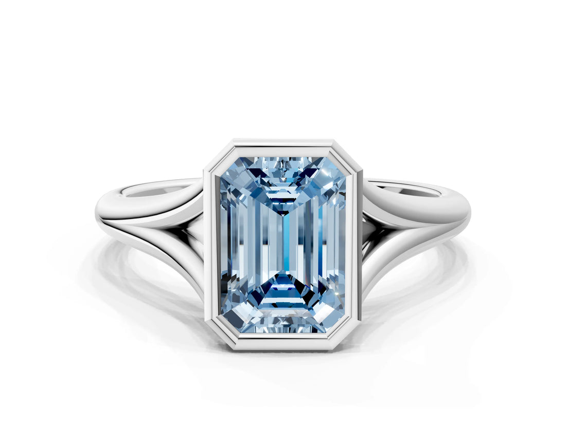 Silver Bezel Set Fancy Blue Emerald  Cut Solitaire Ring with Tapered Band 1