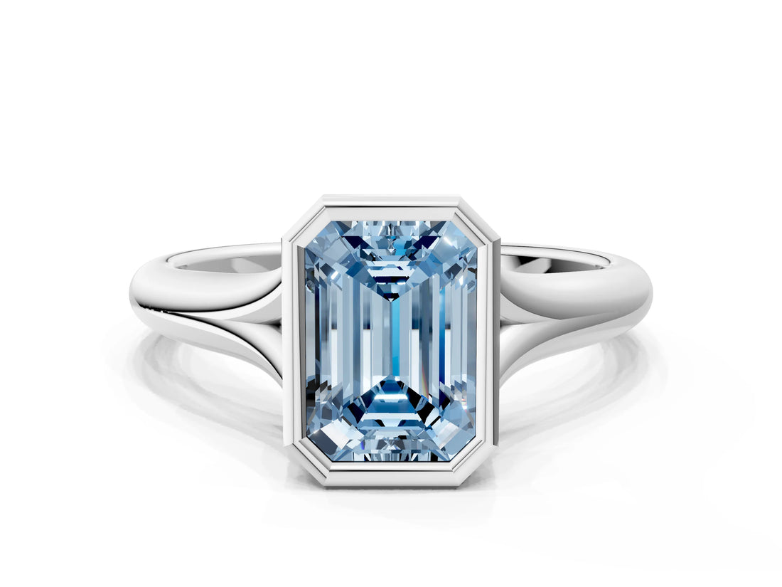 Silver Bezel Set Fancy Blue Emerald  Solitaire Diamond Ring with Smooth Band