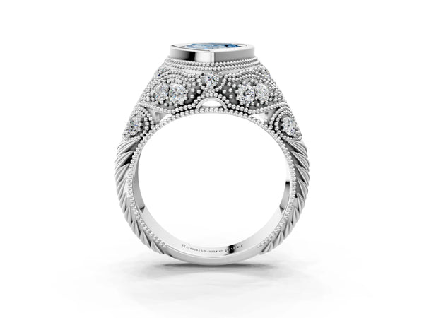 Sterling Silver Heart-Shaped Vintage Bezel Engagement Ring Setting for Fancy Blue Center