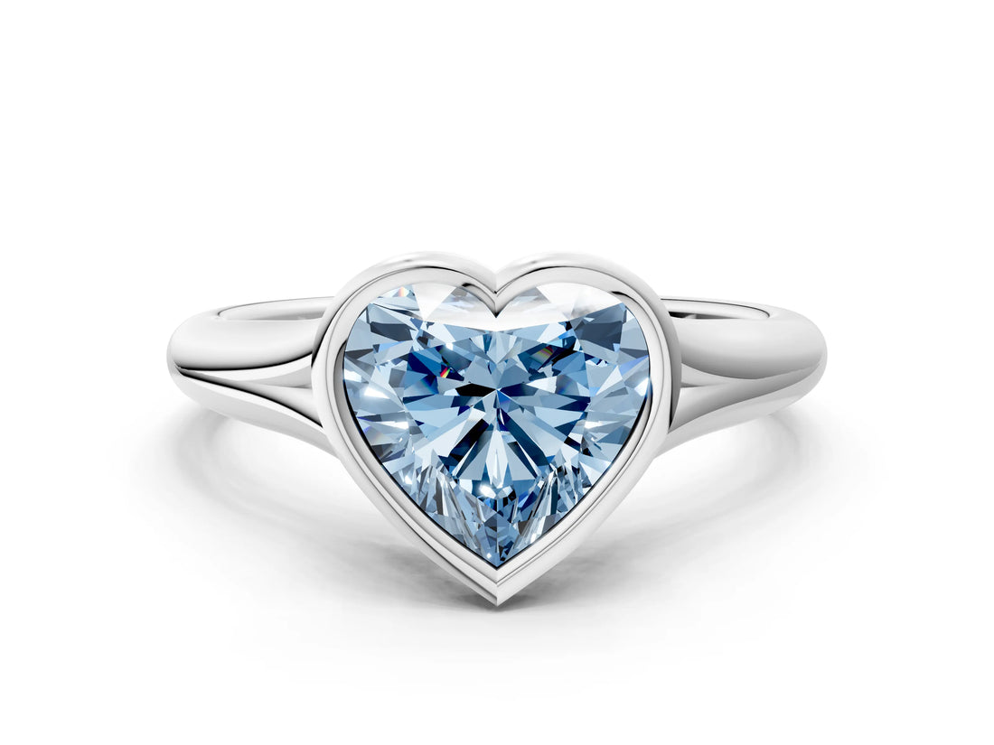 Silver Bezel Set Fancy Blue Heart  Solitaire Diamond Ring with Smooth Band 1