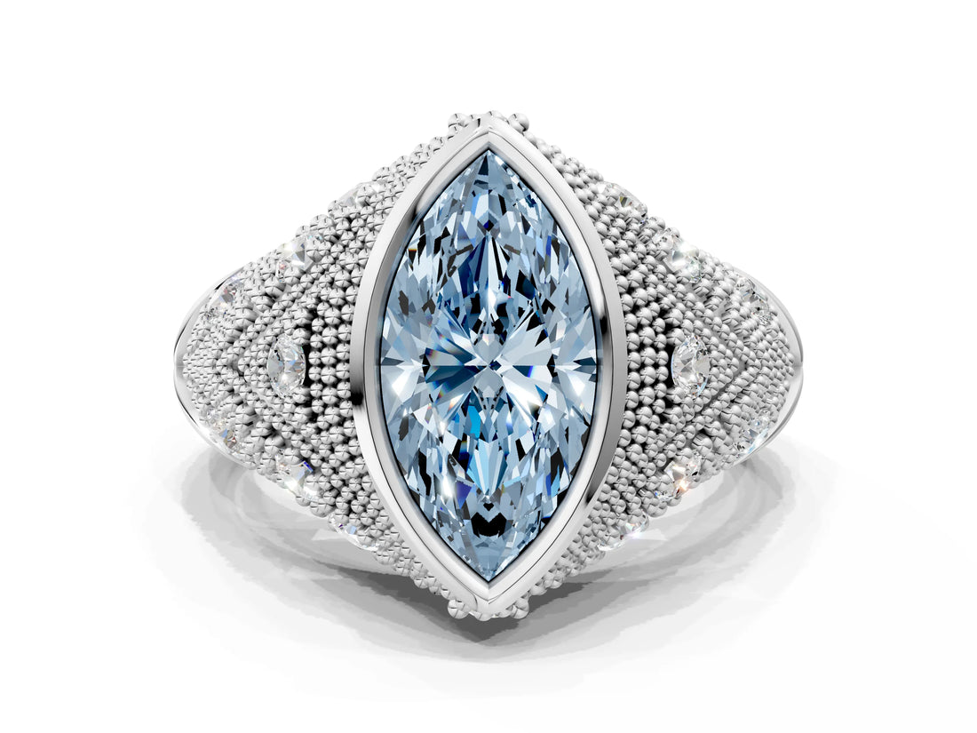 Silver Bezel Set Fancy Blue Marquise Cut Diamond Milgrain Band Ring_6