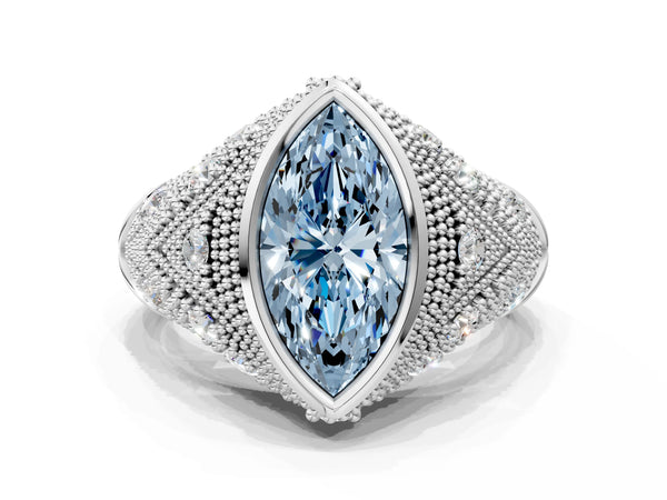 Sterling Silver Marquise Vintage Bezel Engagement Ring Setting for Fancy Blue Center with Milgrain