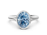 Silver Bezel Set Fancy Blue Oval  Solitaire Diamond Ring with Smooth Band 1