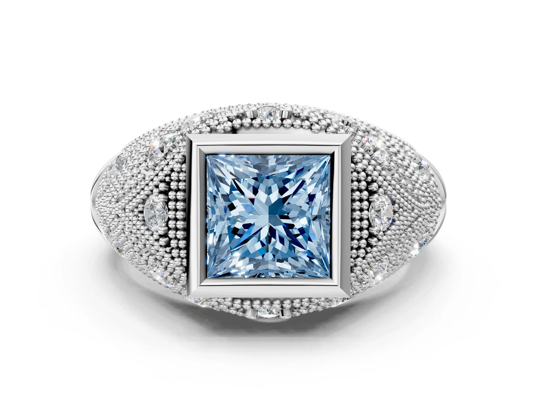 Silver Bezel Set Fancy Blue Princess Cut Diamond Milgrain Band Ring_6