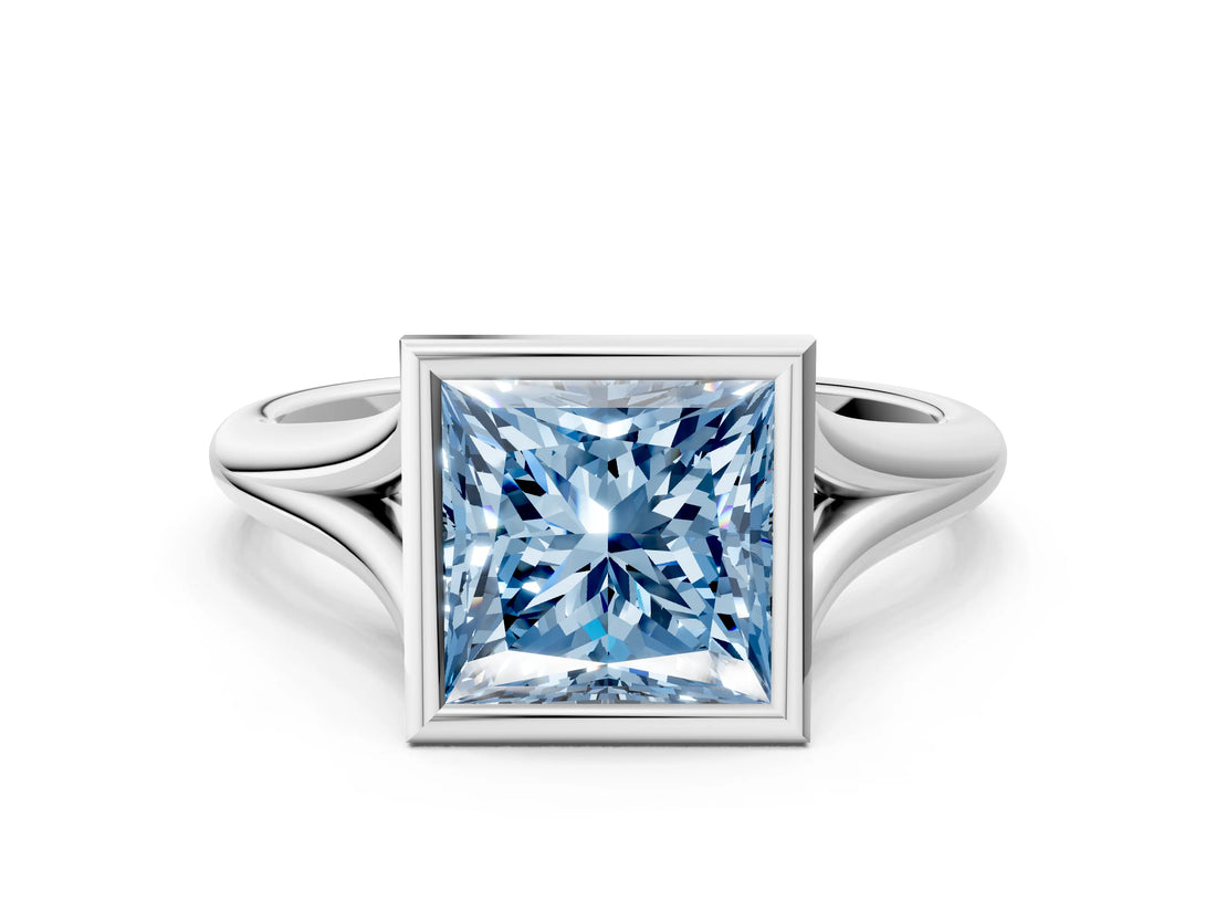 Silver Bezel Set Fancy Blue Princess  Cut Solitaire Ring with Tapered Band