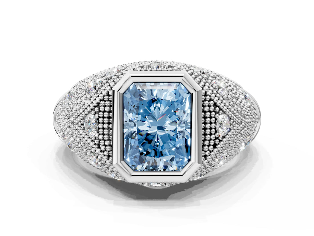 Silver Bezel Set Fancy Blue Radiant Cut Diamond Milgrain Band Ring_6