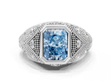 Silver Bezel Set Fancy Blue Radiant Cut Diamond Milgrain Band Ring_6