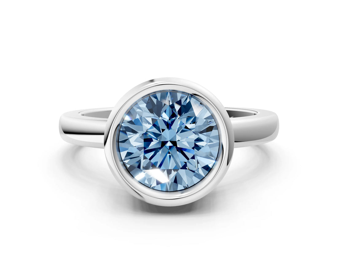 Silver Bezel Set Fancy Blue Round Cut Solitaire Engagement Ring with Classic Band_6
