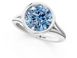 Silver Bezel Set Fancy Blue Round  Cut Solitaire Ring with Tapered Band 1