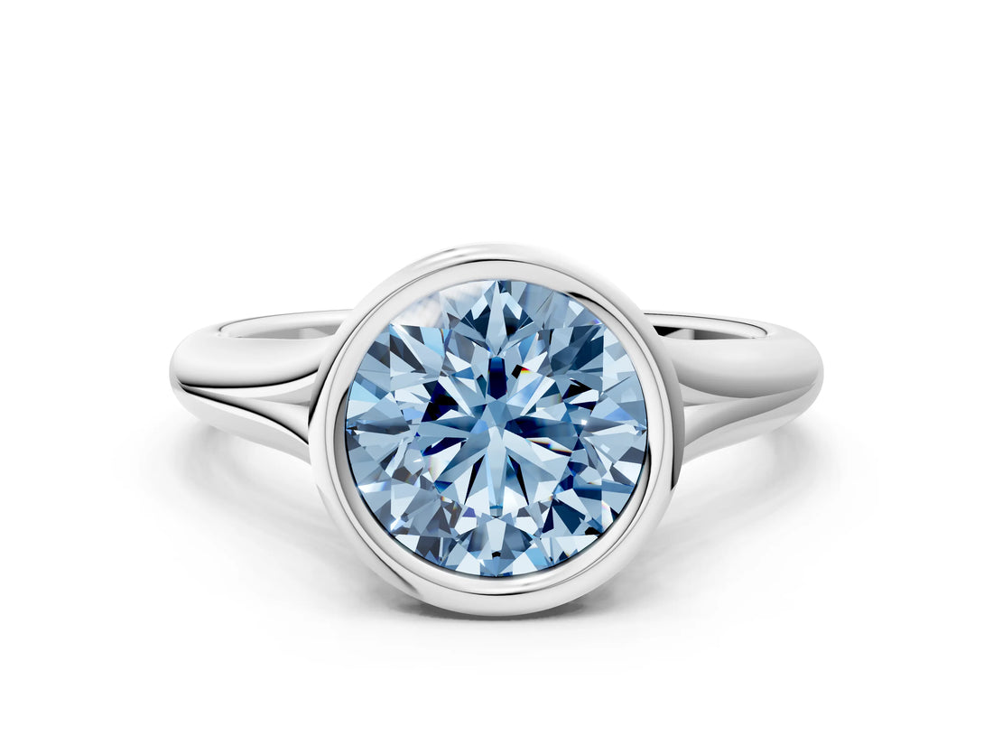 Silver Bezel Set Fancy Blue Round  Solitaire Diamond Ring with Smooth Band 1