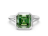 Silver Bezel Set Fancy Green Asscher  Solitaire Diamond Ring with Smooth Band 1