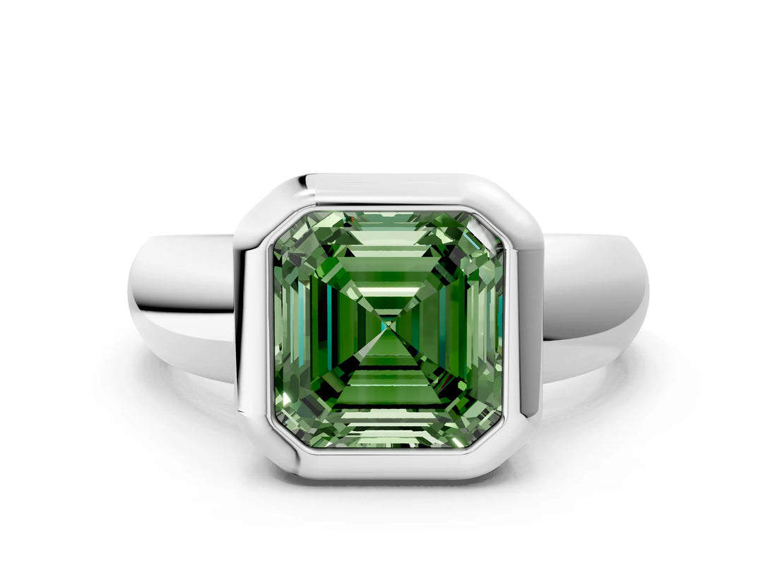 Silver Bezel Set Fancy Green Asscher  Solitaire Ring with Wide Band