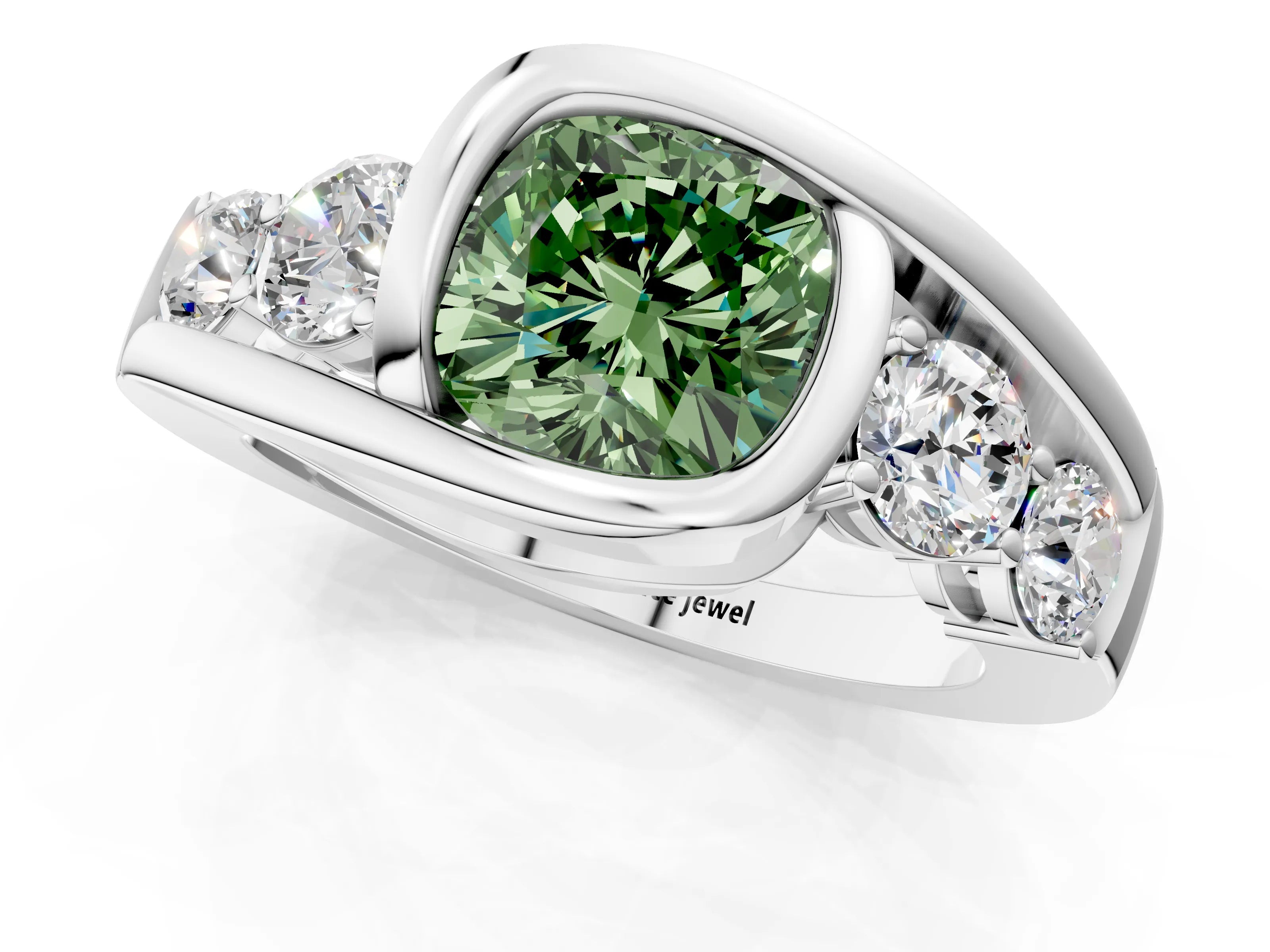 Silver Bezel Set Fancy Green Cushion Cut Diamond Split Shank Ring_31