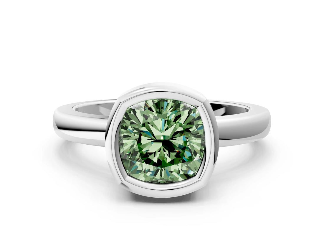 Silver Bezel Set Fancy Green Cushion Cut Solitaire Engagement Ring with Classic Band_6