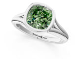 Silver Bezel Set Fancy Green Cushion  Solitaire Diamond Ring with Smooth Band 1