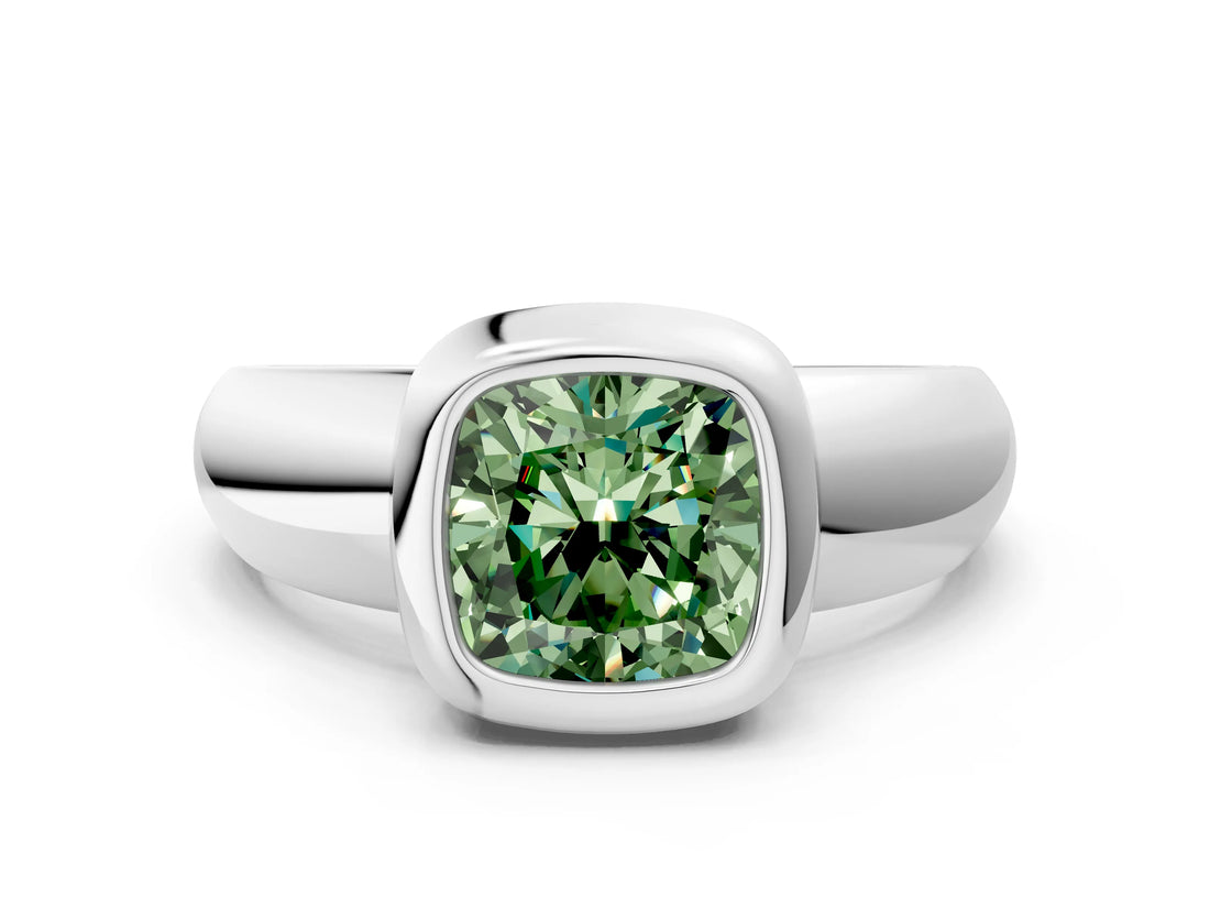 Silver Bezel Set Fancy Green Cushion  Solitaire Ring with Wide Band 1