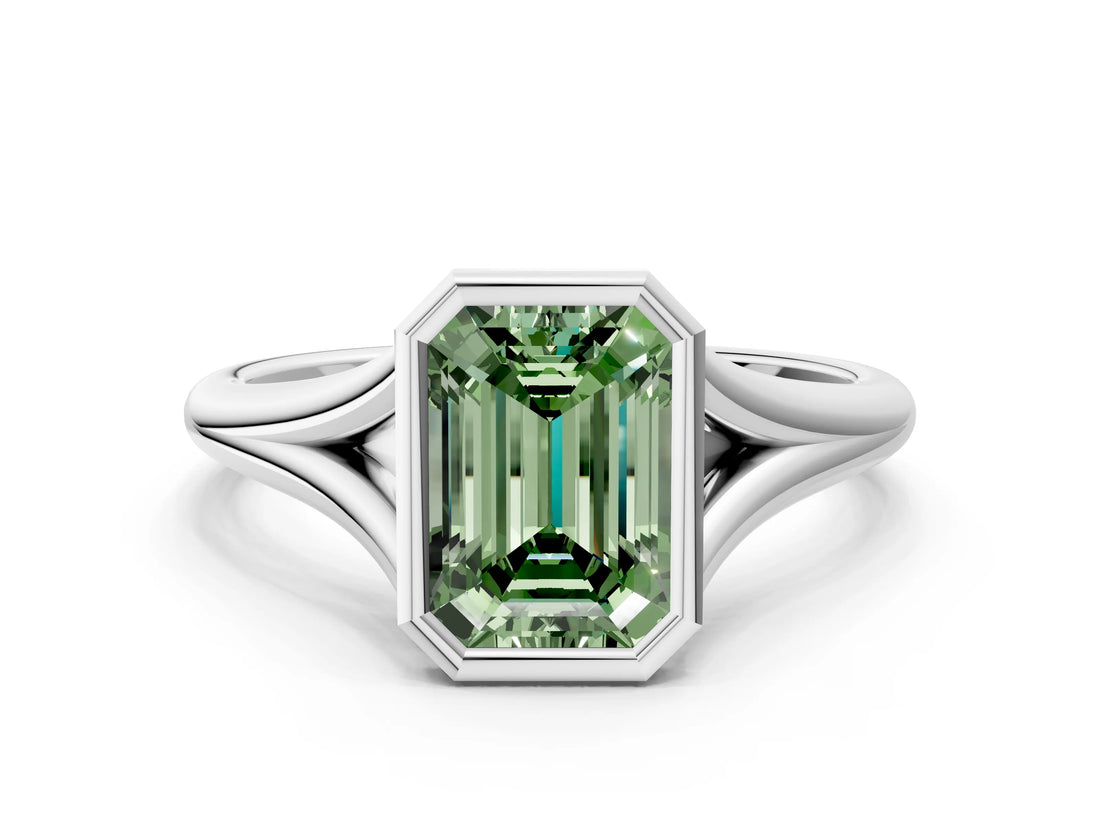 Silver Bezel Set Fancy Green Emerald  Cut Solitaire Ring with Tapered Band 2