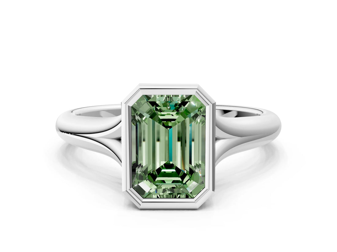 Silver Bezel Set Fancy Green Emerald  Solitaire Diamond Ring with Smooth Band