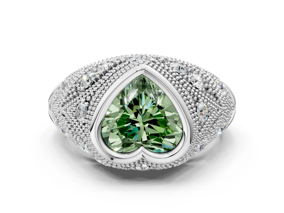 Silver Bezel Set Fancy Green Heart Cut Diamond Milgrain Band Ring_6